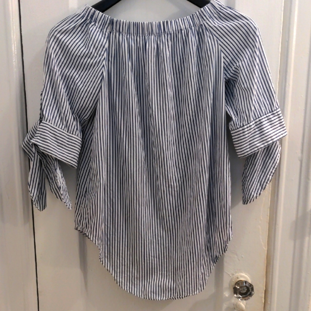 New Blue & White Blouse. Elastic Top, Tie Sleeves, Cotton, Summer Bohemian XS